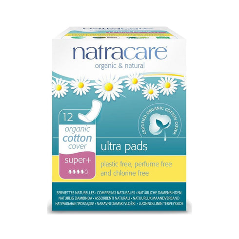 Natracare Slim Fitting Ultra Pads Without Wings, Super Plus, Made with Certified Organic Cotton, Ecologically Certified Cellulose Pulp and Plant Starch (1 Pack, 12 Pads Total)